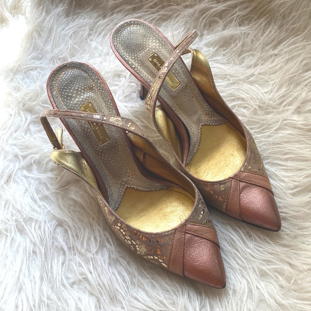 Balenciaga leather sling back rose gold with gold accents kitten heels
